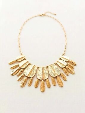 Gold Tone Statement Bib Necklace - Boho Glam Hammered Graduated Pendant Necklace